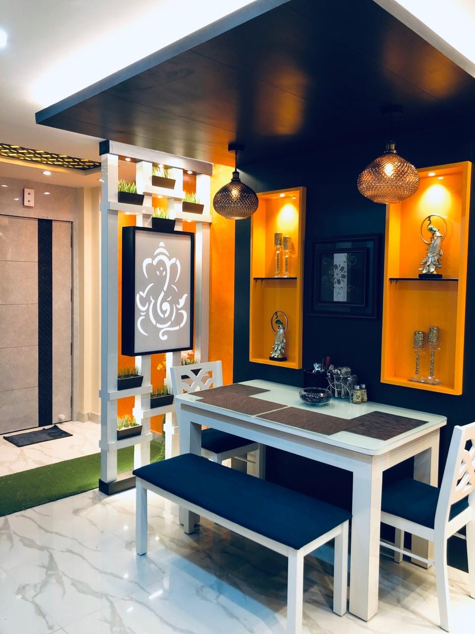Full view of dining area setup
